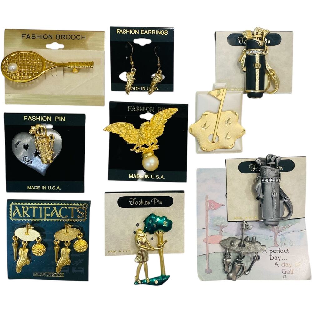 Stella Mixed Jewelry Lot 10pc Brooches Earrings Golf Tennis Sports Theme Resell